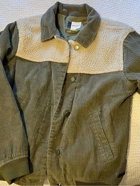 Roxy Olive Corduroy Puffer Jacket with Cream Sherpa Yoke